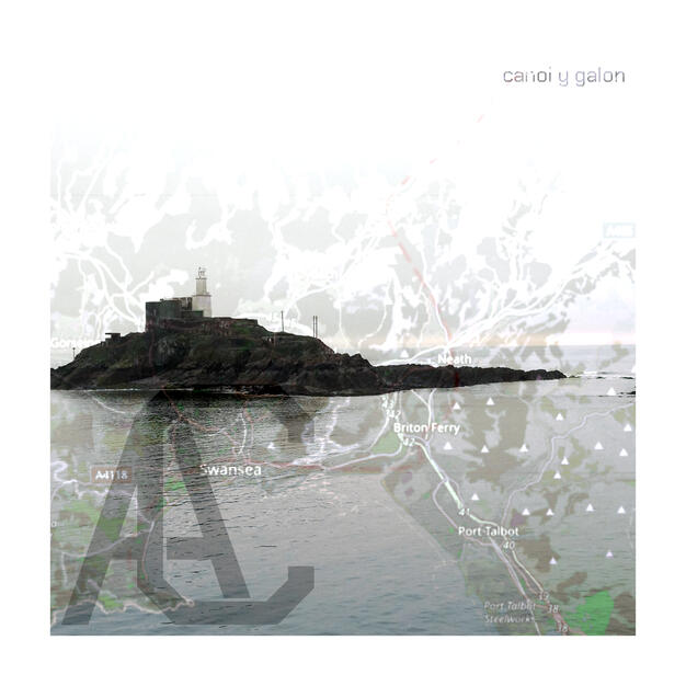 The album cover for Canol Y Galon: a photo of Mumbles Lighthouse taken from the shoreline. Overlain above this is: a map of South Wales, including a line showing the route of the train line explored in Canol Y Galon; an "AC" logo, and text "canol y galon"