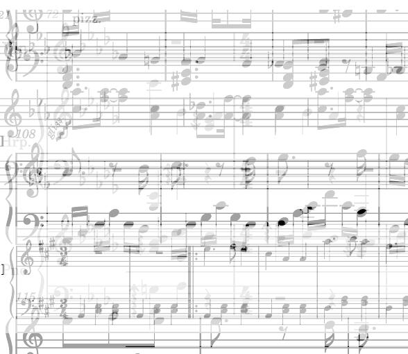 Canol Y Galon Mixed Scores Several pieces of sheet music overlain. They consist of excerpts of tracks from Canol Y Galon, including Rhagair, Dolen Gurnos, Castell-nedd, Llansawel, and Canolog Abertawe.